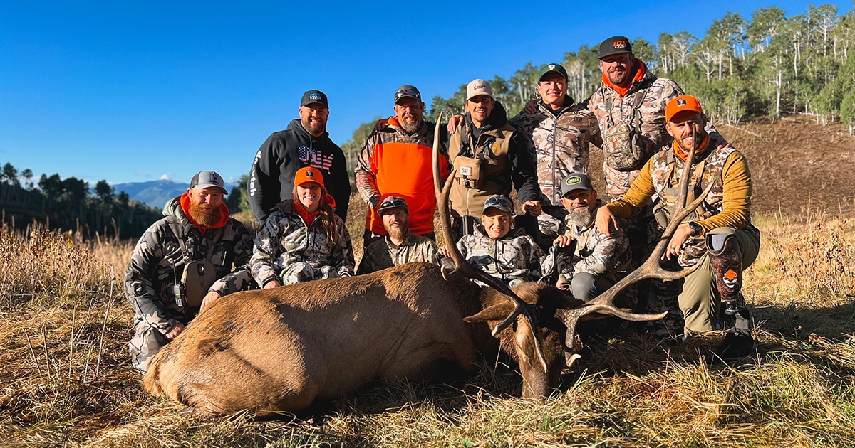 A group of eleven outdoorsmen gather around an elk after a hunt.